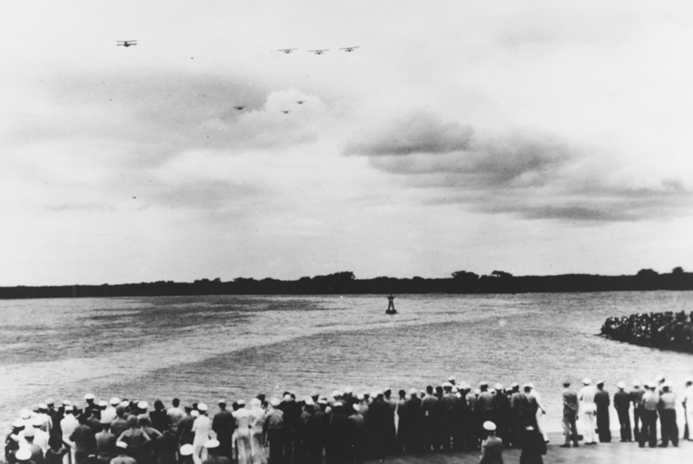 VP-10 approaching the crowd at Ford Field, Pearl Harbor.